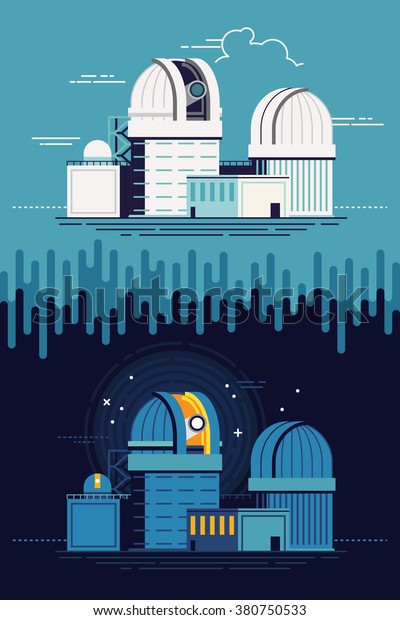 Cool vector flat illustration on astronomy\
science building modern observatory day and night environment. Day\
and night astronomy\
background