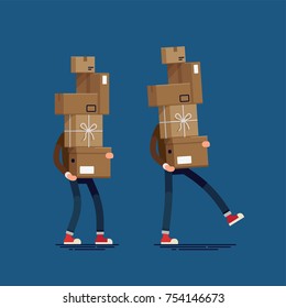 Cool vector flat illustration set on shipping and delivery with man carrying large stack of boxes, packages and containers. Storage, logistics, goods themed design element with man carrying boxes