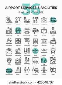 Cool vector flat line high quality icons set on airport services, facilities and features. Shops, customs, check-in, tourist information, departure and arrival, etc.