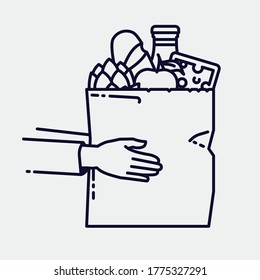Cool vector flat line monoweight stroke concept on grocery store and food delivery with hands holding a paper shopping bag full of goods and products