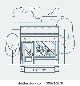 Cool vector flat linear small shop front bakery store facade illustration. Thin line web banner template or graphic design element on small business entrepreneurship