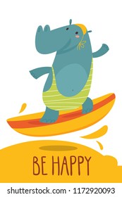 Cool vector flat style be happy card with a cartoon hippo. Great for your design ideas, cards, posters and kids room decoration. 