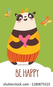 Cool vector flat style be happy card with wild animals. Panda. Great for your design ideas, cards, posters and kids room decoration. 