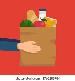 Cool vector flat style concept on grocery store and food delivery with hands holding a paper shopping bag full of goods and product including bread, milk, vegetables and cheese. Delivery service