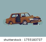 Cool vector flat style illustration on abandoned rusty old car wreckage with torn out door, dented hood, no windscreen and glass, no rear wheel