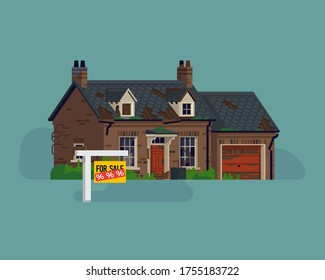 Cool vector flat style illustration on realty and property market with abandoned house on sale with a great discount for being  dilapidated and neglected by previous owner