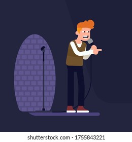 Cool Vector Flat Style Illustration On Stand Up Comedian Performing On Stage In A Spot Light Holding Microphone. Comedy Show Concept Visual