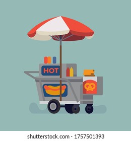 Cool vector flat style illustration on hot dog and pretzel stand, isolated. Street food cart concept