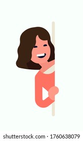 
Cool Vektorgrafik flach auf Präsentationszeichen. Attraktive junge erwachsene kaukasische Frau, die aus dem leeren Kopienraum, der die Seite davon hält, herbeipflügt