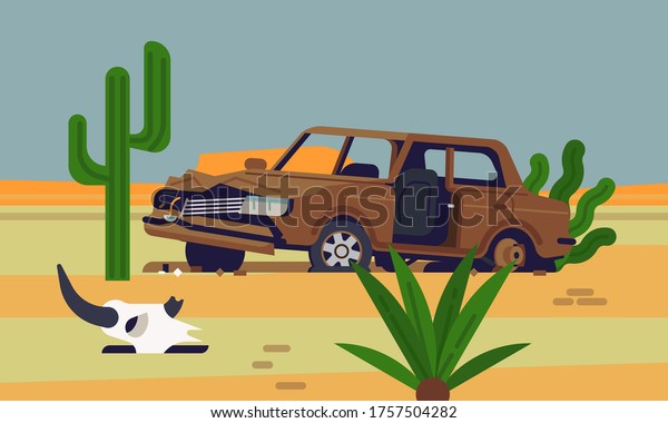 Cool vector flat style
illustration on abandoned rusty old car wreckage in desert with
saguaro cactus and an animal skull next to it. Hot deadly desert
concept illustration