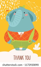 Cool vector flat style thank you card with wild animals. Elephant. Great for your design ideas, cards, posters and kids room decoration. 