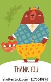 Cool vector flat style thank you  card with wild bear. Great for your design ideas, cards, posters and kids room decoration. 
