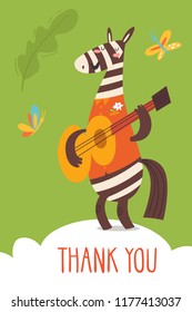 Cool vector flat style thank you  card with a zebra. Great for your design ideas, cards, posters and kids room decoration. 