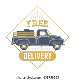 Cool vector 'Free delivery' design with light duty old pickup truck carrying goods in diamond shaped frame on white background