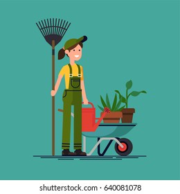 Cool vector gardener character in flat design. Young adult woman in green overalls with rake, watering can and wheelbarrow ready to work in the garden. Gardening, planting flowers and plants