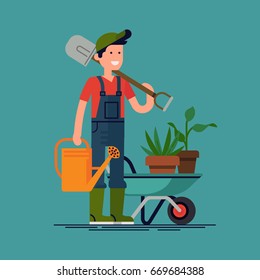 Cool vector gardener character in flat design. Young adult man in blue overalls with shovel, watering can and wheelbarrow ready to work in the garden. Gardening, planting flowers and plants