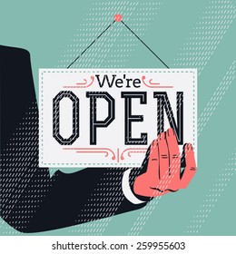 Cool vector graphic concept design on starting small business with abstract business owner hand holding 'We're open' sign