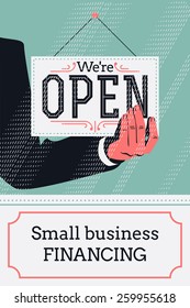 Cool vector graphic web banner design on small business financing with abstract business owner hand holding 'We're open' sign and sample text