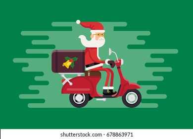 Cool vector greeting card or banner template on Christmas with Santa Claus carrying gift bag vector flat design illustration. 