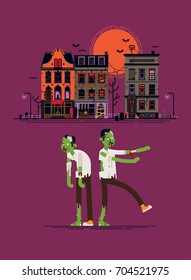 Cool vector halloween design elements and characters. Spooky downtown street and zombie. Funny illustration with haunted street townhouses at night. Ideal for greeting cards, posters and banners