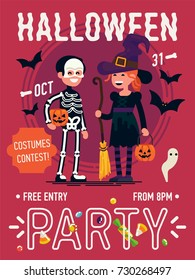 Cool vector Halloween Party poster or banner template with halloween characters in skeleton and witch costumes. All Hallows Eve celebration event flyer template with sample text and halloween items