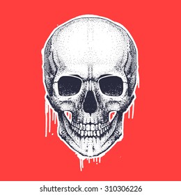 Cool vector hand draw skull illustration with paint stains and texture