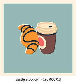 Cool vector hand drawn icon on breakfast to go featuring coffee paper cup with lid and croissant. Cafe breakfast combo pack visual in trendy style. Pairing coffee with food concept illustration