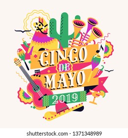 Cool vector high quality design element on traditional mexican holiday Cinco de Mayo or the Fifth of May featuring guitar, trumpets, pinata donkey and other celebration and party items