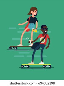 Cool vector hipster characters riding longboards. Cheerful adult African man with sunglasses and coffee paper cup, caucasian young adult girl rides skateboard. Skateboard as urban personal transport