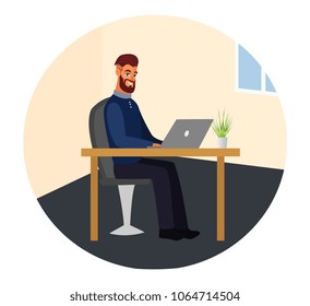 Cool vector hipster man character with beard, guy hipster at work, working at desk with laptop