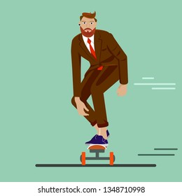 Cool vector hipster man character with beard riding skateboard. Urban citizen character