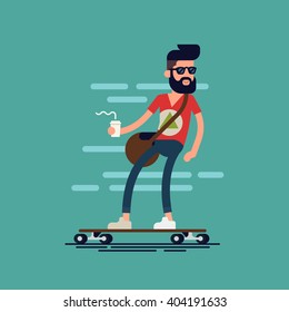 Cool Vector Hipster Man Character With Beard And Takeaway Coffee Riding Longboard Skateboard. Confident Adult Man Wearing Sunglasses Carrying Coffee Paper Cup Rides Skateboard. Urban Citizen Character