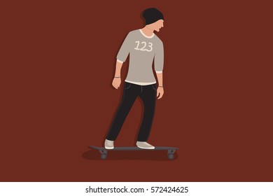 Cool vector hipster man character on skateboard. Cartoon