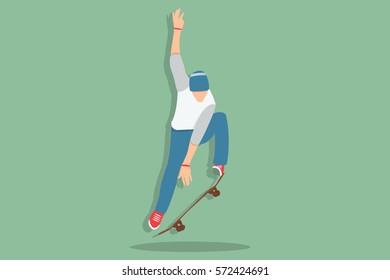 Cool vector hipster man character on skateboard. Cartoon