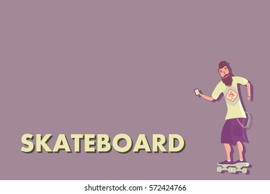 Cool vector hipster man character with beard riding longboard skateboard.Comic character