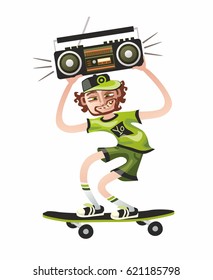 Cool vector hipster man character with beard and old tape recorder riding skateboard. Urban citizen character