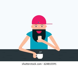 Cool vector hipster man character with beard drinking coffee with his smartphone. Urban citizen character.