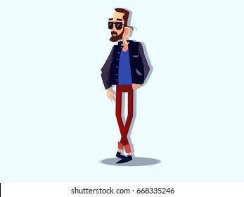 Cool vector hipster man character stands in a relaxed pose