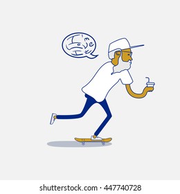 Cool vector hipster skater with beard and takeaway coffee riding skateboard. Confident adult man wearing sunglasses carrying paper cup rides. Urban citizen character. Skateboarding illustration.