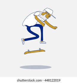 Cool vector hipster skater with beard and sunglasses doing a trick on skateboard. Urban citizen character. Skateboarding illustration.