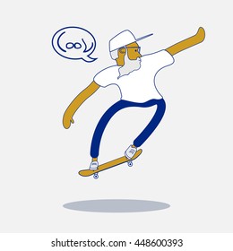 Cool vector hipster skater with beard and sunglasses doing a trick on skateboard. Urban citizen character. Skateboarding illustration.