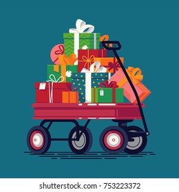 Cool vector holiday season themed illustration with kids toy wagon loaded with gift and present boxes. Christmas gifts stacked on red wagon