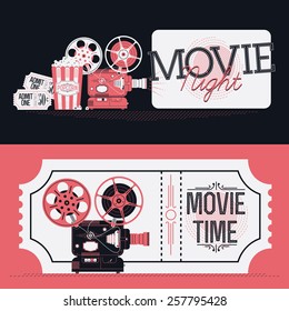 Cool vector horizontal web banners or print flyer design elements on Movie Night event with detailed retro motion picture film projector, admit one cinema theater tickets and popcorn 