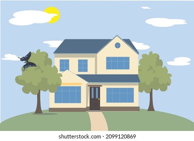 cool vector house complete with butterflies and garden suitable for background