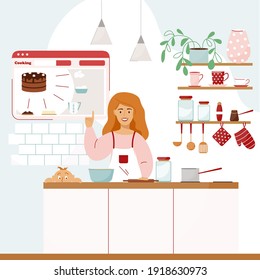 Cool vector illustration. Blogger mom prepares food. A child is nearby. The screen that shows the recipe. Kitchen interior in clean, pleasant colors. Shelf with flower, vase, cups and kitchen utensils