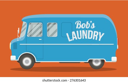 Cool vector illustration of a blue laundry van side view. EPS10 vector flat image of an urban vehicle.