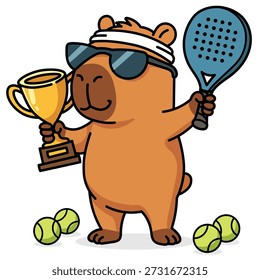 Ilustración vectorial fresca de un campeón de capibara celebrando la victoria en un torneo de pádel o pickleball con una copa de oro en sus manos. El divertido roedor de dibujos animados se encuentra en una pose ganadora segura, con gafas de sol oscuras y una diadema deportiva blanca, que simboliza el éxito, el estilo y la superioridad atlética. En una pata, el personaje sostiene con orgullo un Grande trofeo brillante para el primer lugar, y en la otra, una pala azul con una superficie perforada característica y un mango negro. Cuatro pelotas de tenis de color amarillo verdoso se encuentran en el suelo a los pies del ganador. El diseño se ejecuta en un estilo plano con contornos audaces sobre un fondo blanco aislado, lo que lo hace fácil de usar en el diseño. Este Clipart es ideal para premios, gamificación App, blogs deportivos, anuncios de competición o Mercancía como camisetas y pegatinas. La Imagen transmite el concepto de logro de objetivos, liderazgo y "frialdad". El capibara, como un popular meme de internet, agrega humor y atractivo al tema de los deportes de raqueta. El personaje irradia soberbia y orgullo. La ilustración es perfecta para clubes de tenis, campamentos de verano o contenido motivacional. La escena encarna el momento del triunfo después de un partido. La copa dorada brilla, indicando un resultado superior. La combinación del animal relajado y el equipo deportivo competitivo crea un contraste cómico. Ya sea para squash, bádminton o tenis de playa, esta mascota está lista para aceptar el premio. El formato de Vector permite escalar la imagen para Anuncios y carteles sin pérdida de calidad. Los Elementos del equipo se dibujan en detalle pero estilizados. La imagen también puede ilustrar la finalización exitosa de un proyecto, el éxito empresarial o simplemente un buen sentimiento en el fin de semana.