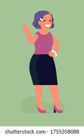 Cool vector illustration of fashionable woman character with velvet hair wearing black skirt and purple blouse, isolated