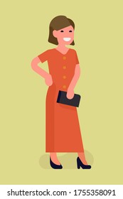 Cool vector illustration of fashionable woman character wearing red long dress and a black purse, isolated