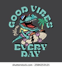 A cool vector illustration featuring a skateboarding T-Rex in sunglasses, set against a tropical California vibe. Perfect for streetwear, summer designs, and retro-style graphics.